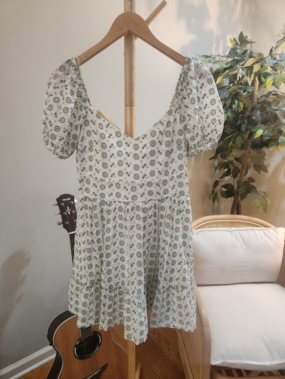 Altar'd State Eyelet Floral Puff-Sleeve Mini Dress in Sage Green And White Small